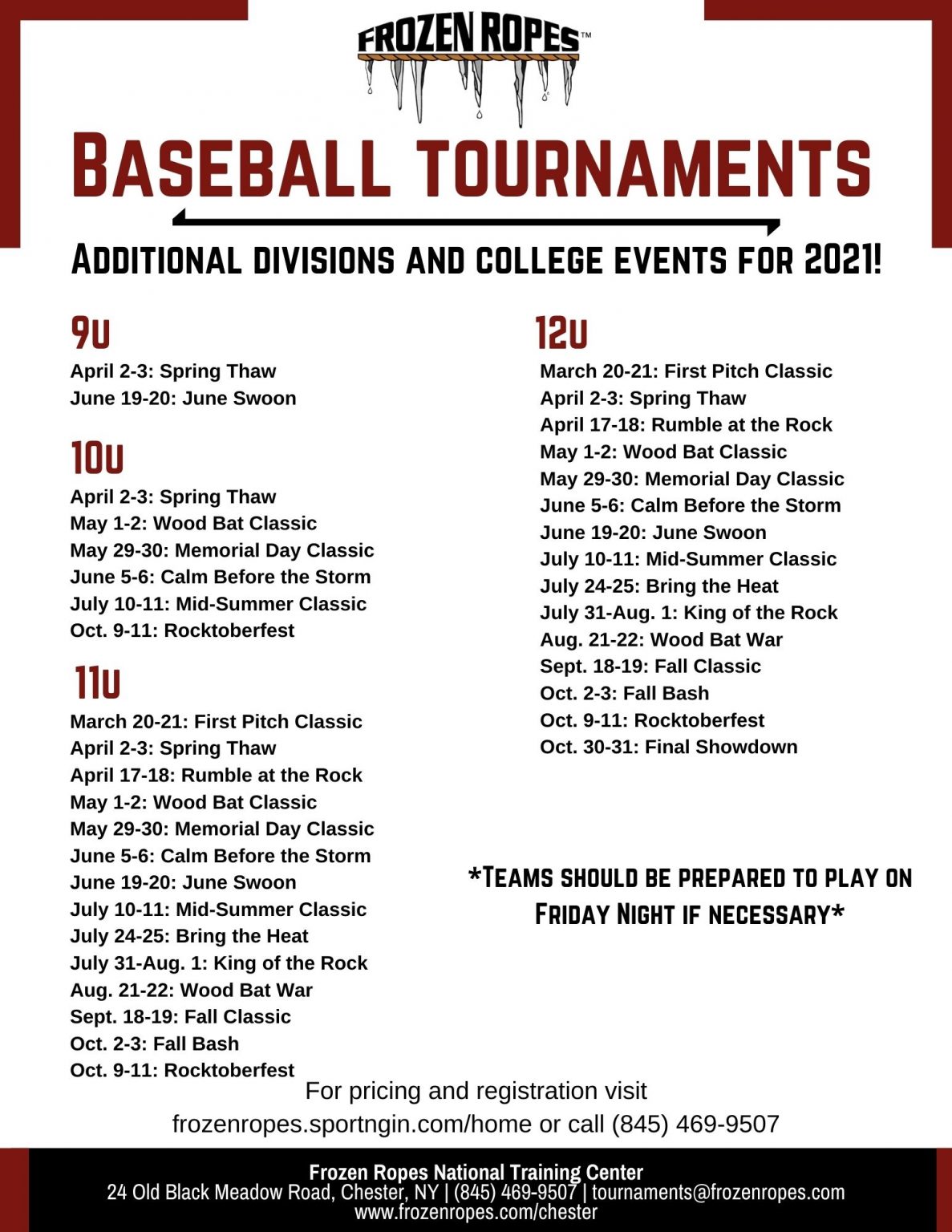 2021 Baseball Tournaments 9u12u Frozen Ropes Chester, NY