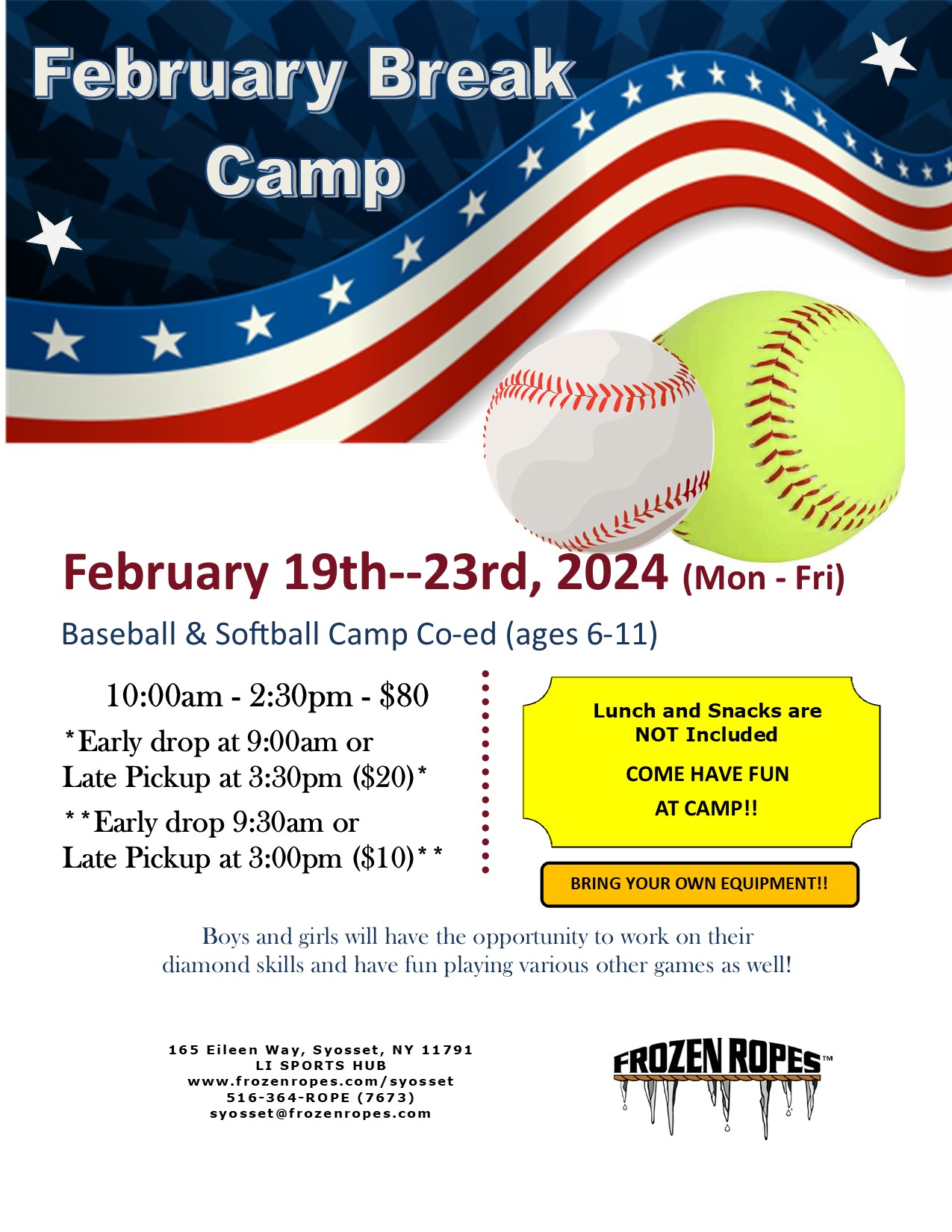 February Break Flyer 2024 Frozen Ropes Syosset, NY